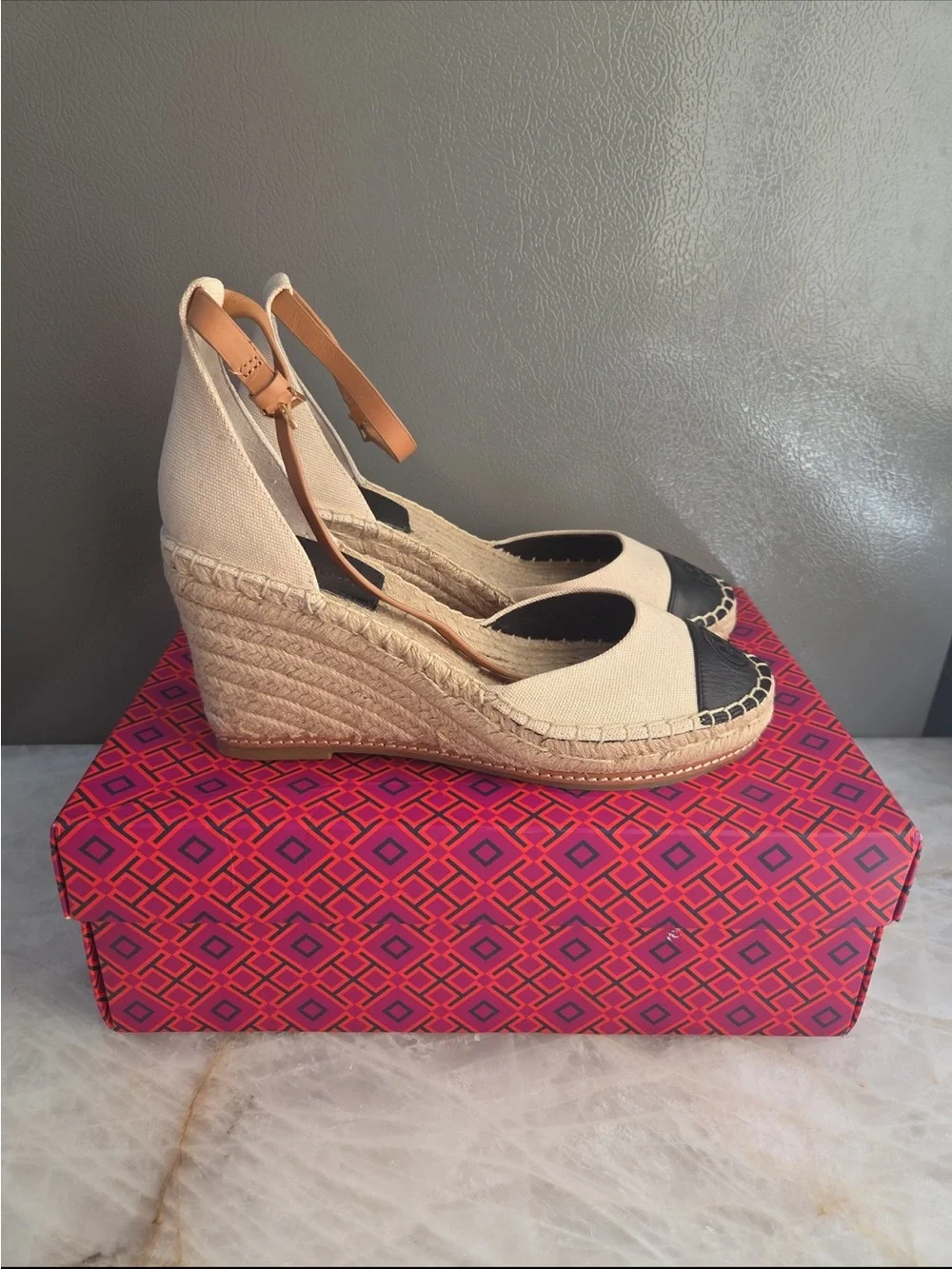 Tory Burch Beige Canvas Espadrille Wedges like new View all pics
